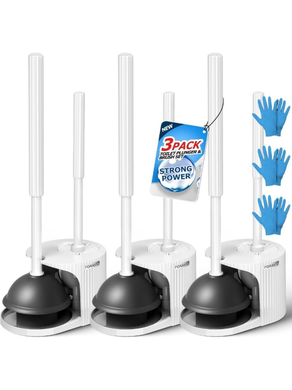 2-in-1 Toilet Brush & Plunger Set - Long Handle Combo, 3 Pack, White Bathroom